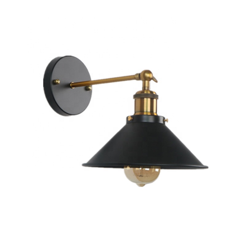 Led Wall Scones Morden Vintage cone Wall Light Industrial Antique Brass Wall Lamp E27 with Black Iron Lamp Shade
