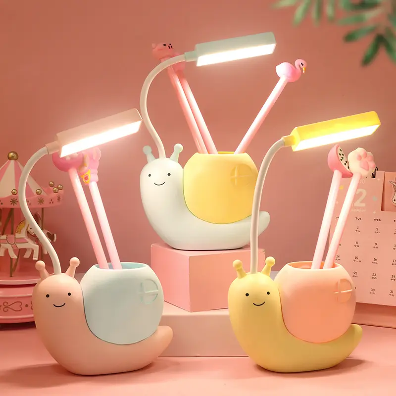 Desk lights with pen Storage Box Cartoon Charging Light LED Learning Eye Protection lamp snails Table Lamp kids Gift Night Light