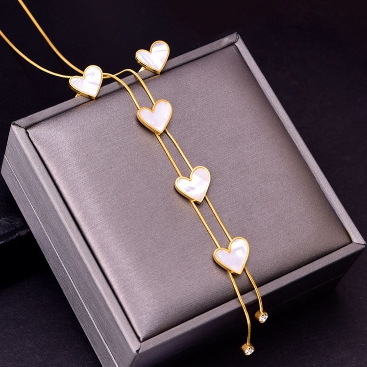 Fine Fashion Jewelry Set Women 18K Gold Stainless Steel Tassel Pearl Pendant Heart Necklace And Earrings Set For Gift