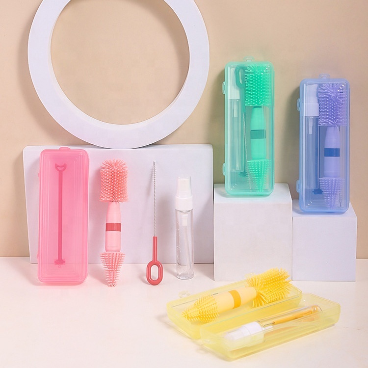 Multifunctional Silicone Baby Bottle Cleaning Brush Kit Manual Milk Bottle Cleaning Brush Tool Pacifier Straw Brush With Box