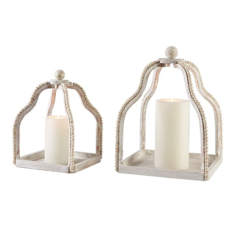 High quality boho style set of 2 classic whitewash wooden candle lantern