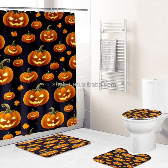 Custom Halloween Four-piece Bathroom Set With Bath Rug Toilet Seat Cover Mat,Shower Curtain Bathroom Toilet Floor Mats