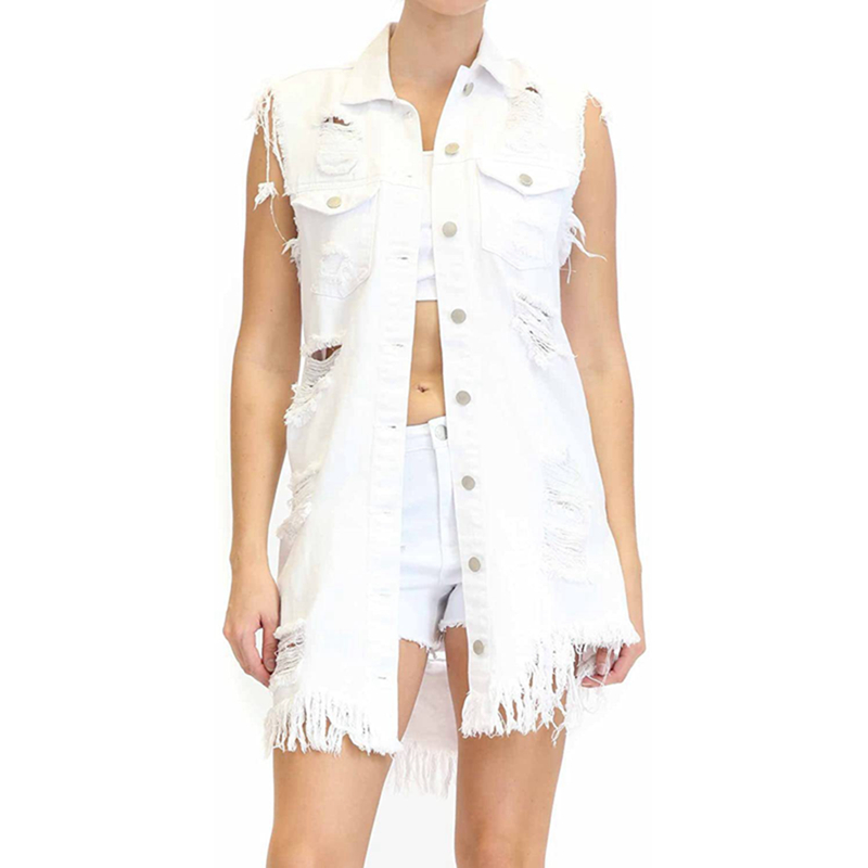 2021 Amazon Hot Sale White Black Blue Women Destroyed Long Denim Jean Vest