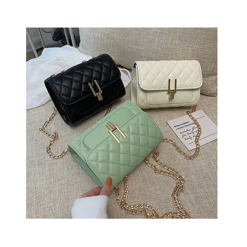 2022 New Small Square Diamond Lattice Bag Pu Solid Zipper Fashion Single Shoulder Messenger Bag With Chain Ladies Handbag