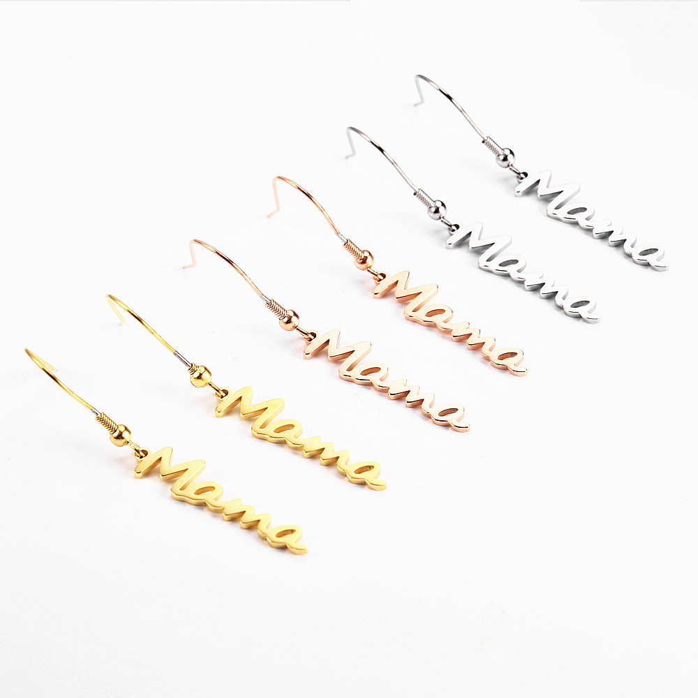 Personalized Long Hoop Earrings Stainless Steel Gifts Mama Letter Initial Stud Pendant Earrings