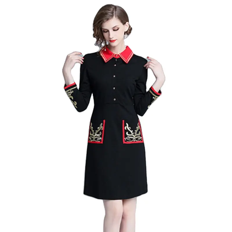 Real shot - spot dress 2019 new fashion retro small fragrance stand collar solid color embroidery Slim collection SR6218078