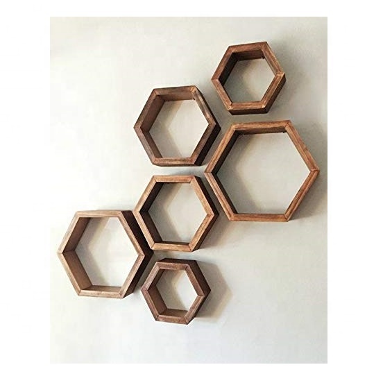 Hexagon floating shelves set of 3 Dark Natural wood Living Room Furniture Home Furniture For Decoration Home Hotel & Restaurant