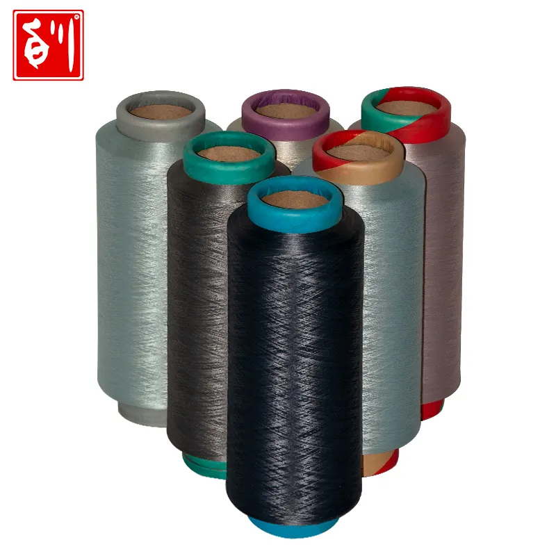 Baichuan colors recycled filament black dope dyed polyester spun yarn