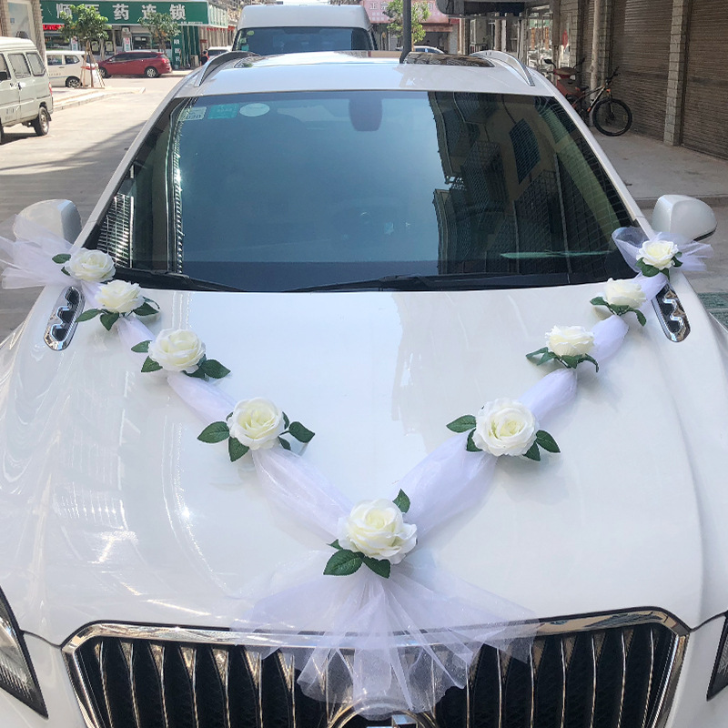 Artificial Wedding Car Decoration Silk Flower Rose White Yarn Decor Wedding Car Decoration