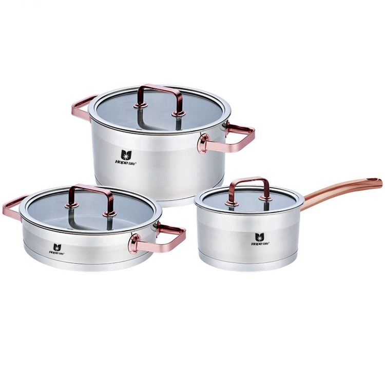 straight shape rose gold color handle stainless steel cookware cooking pots and pans set