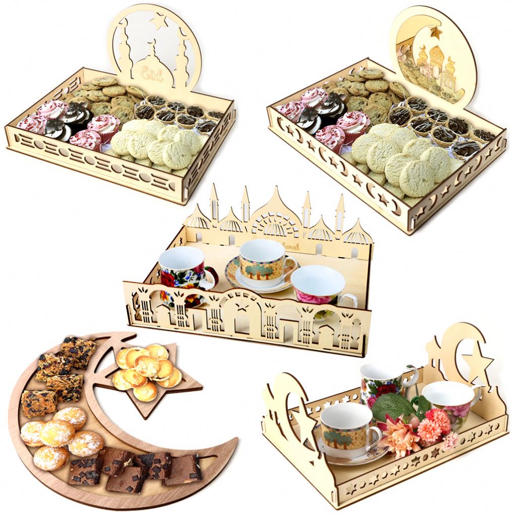 Wooden Islamic Eid Mubarak Ramadan Festival Gurbon Festival Table Decoration Dessert Tray Crafts