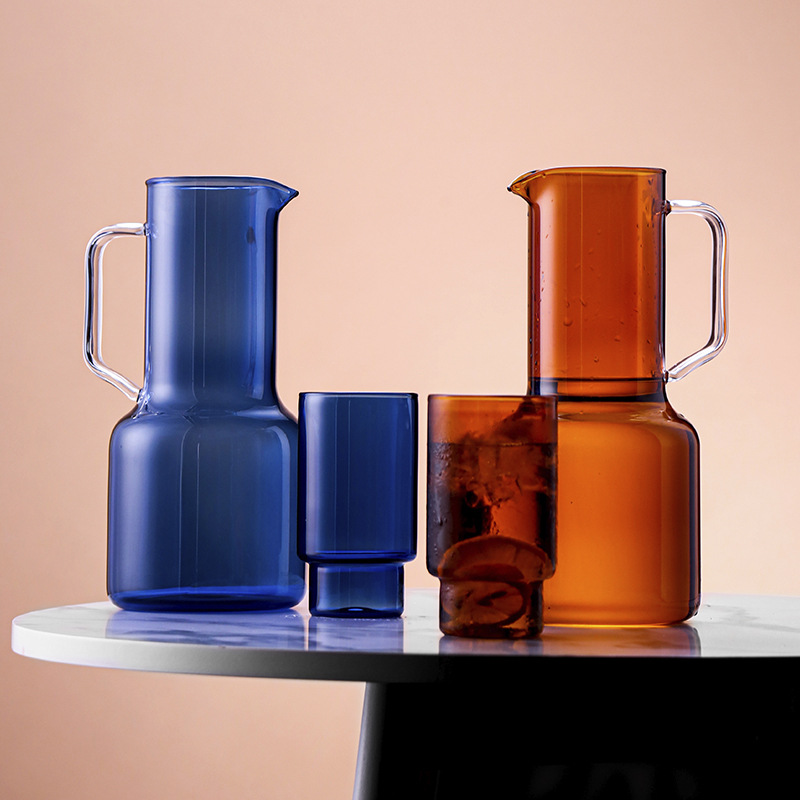 Wholesale Custom Colored Glass Kettle Cup Borosilicate Glass Pitcher Drinking Water Jug Set Glass Carafe