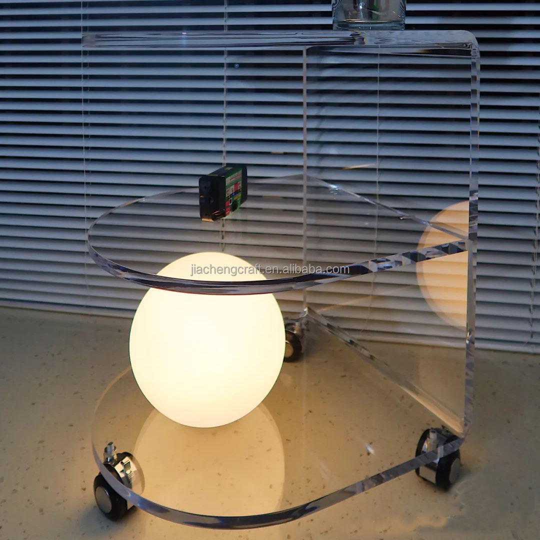 Jiacheng Lucite acrylic trolley cart two tier acrylic trolley for Hotel service with mental part acrylic food cart home use