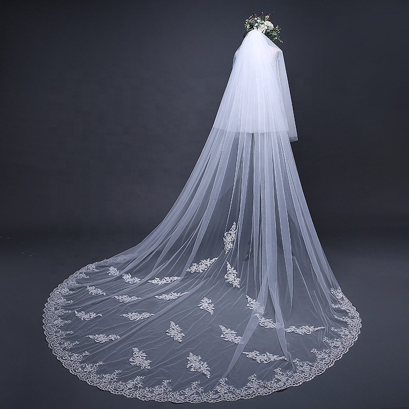 cheerfeel VE395 Wedding Bridal Veils Ivory Beautiful Long Veil with Lace and Metal Comb at the Edge Cathedral Length