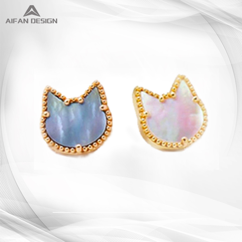 14K Gold Natural Pearl White Shell Cute Cat Earrings