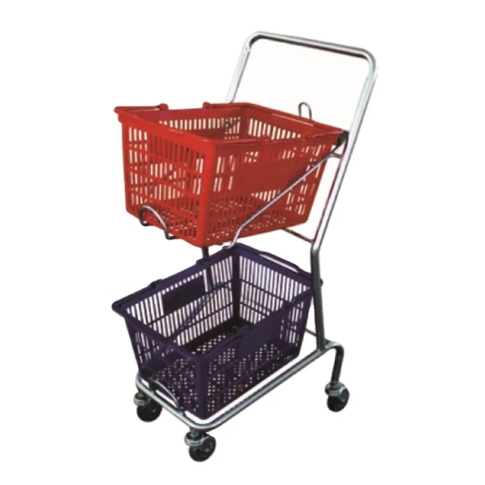 2-tier Four Wheels Shopping Cart Double with Two Baskets