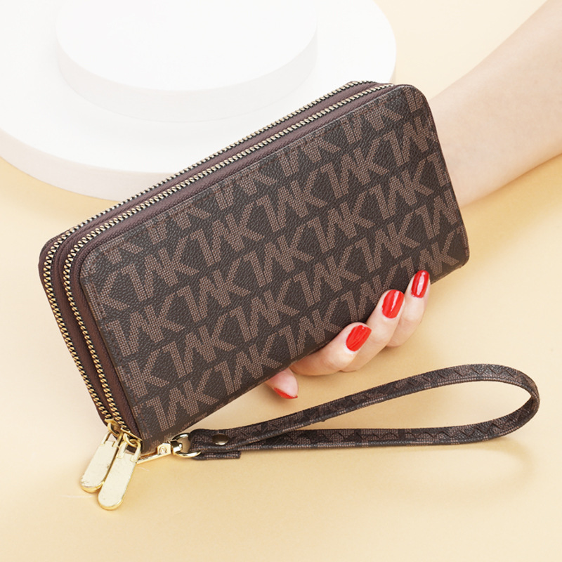 Large Clutch Wristlet Card Holder Travel Wallet, Double Zipper Long Printed Clutch Cellphone Wallet for Women with Hand Strap