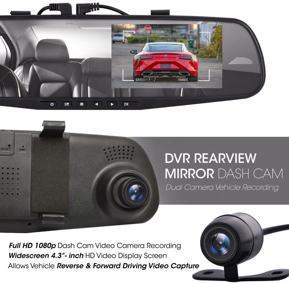 Dash Cam зеркало заднего вида 4,3 дюймов DVR монитор заднего вида двойная камера видео запись система в Full HD 1080p Встроенный g-сенсор