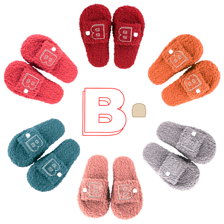 Customized fluffy fur women's slippers plush furry custom logo ladies sandals slides footwear embroidery logo shoes