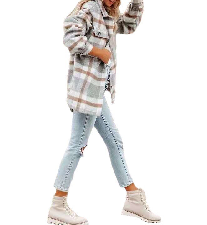 2021 fall winter plaid jacket women lapel long sleeve single breasted casual loose plaid wool shirt shacket