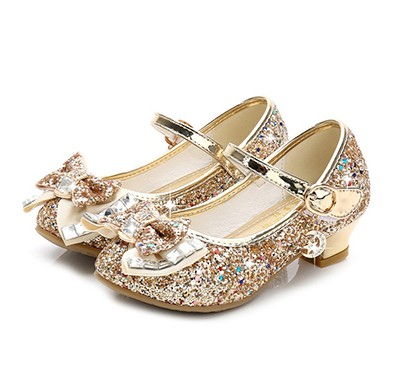 2021 Princess Kids Leather Shoes for Girls Flower Casual Glitter Children High Heel Girls Shoes Butterfly Knot Blue Pink Silver