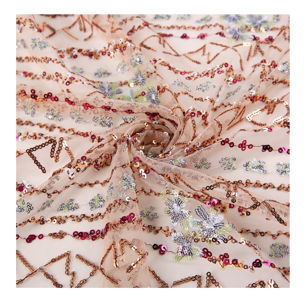 Low MOQ Wholesale 100%Nylon Soft Mesh Pink Lace Embroidery Fabric No Stretch Pattern Sequin Fabric For Women Party Dress