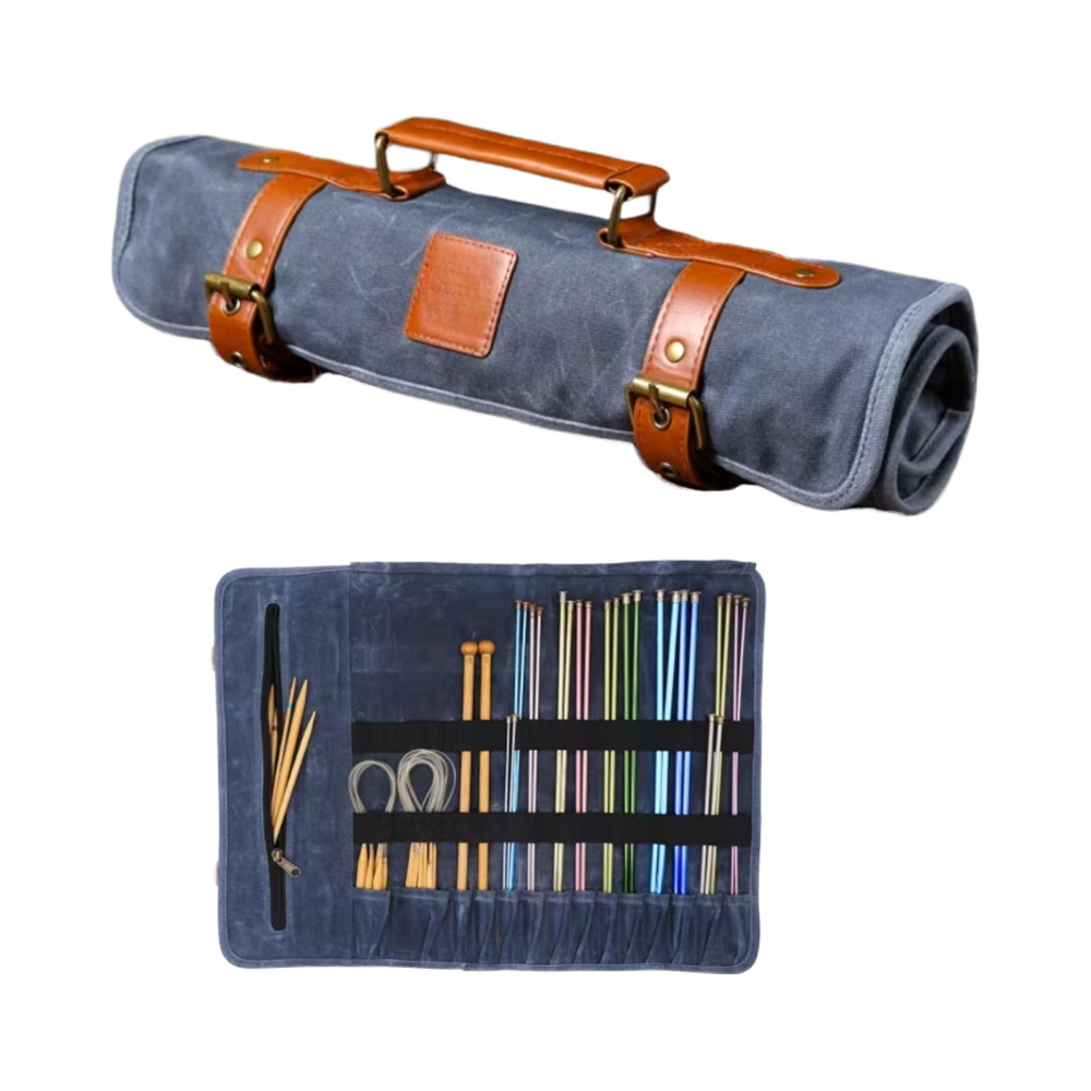 Waxed Canvas Knitting Needle Case Organizer with Circular Storage Special Purpose Knitting Bag
