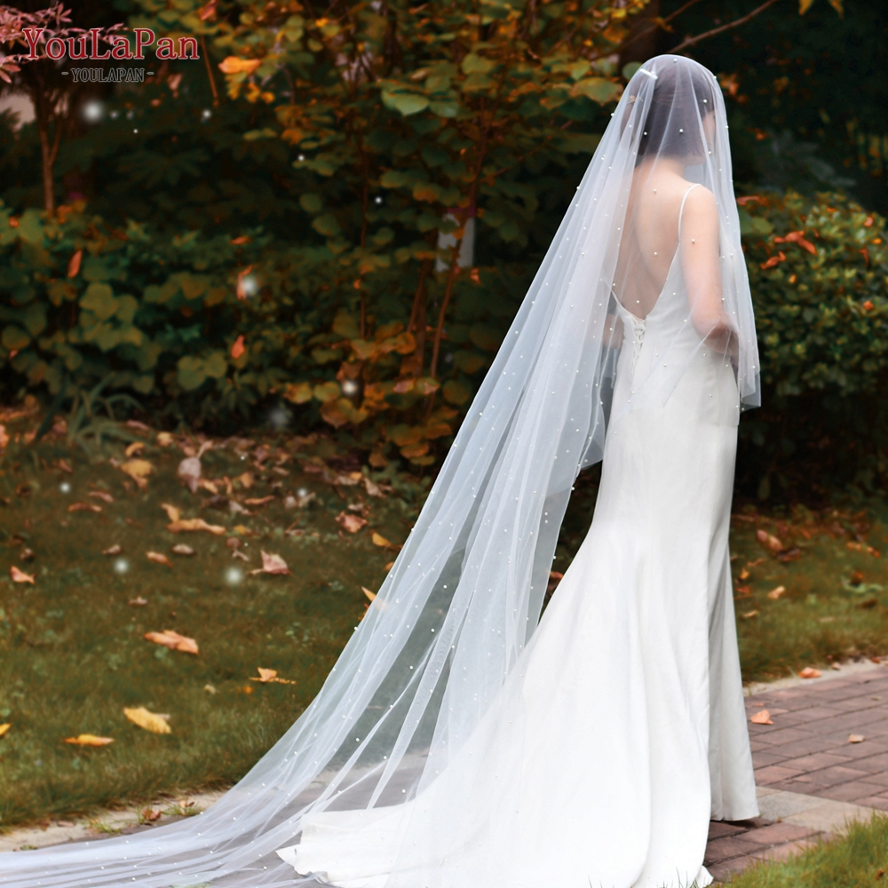 YouLaPan V114 Long Wedding Cathedral Double Veil With Comb, White Ivory Off-White Bridal Veil With Pearls