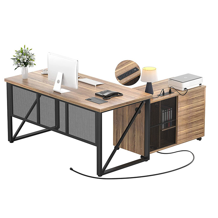 Vekin Furniture L Shaped Executive Office Desk Rustic Walnut Home Office Large Computer Table with Lateral File Cabinet