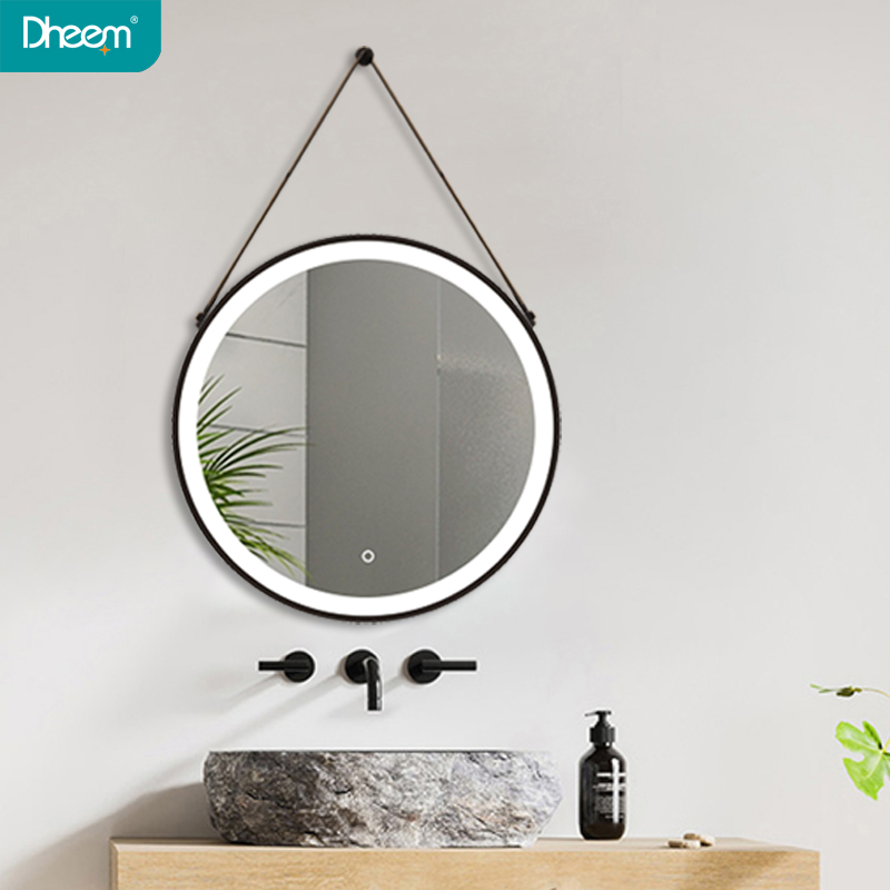 DHEEM Wall Black Framed LED Round Mirror with Leather Strap