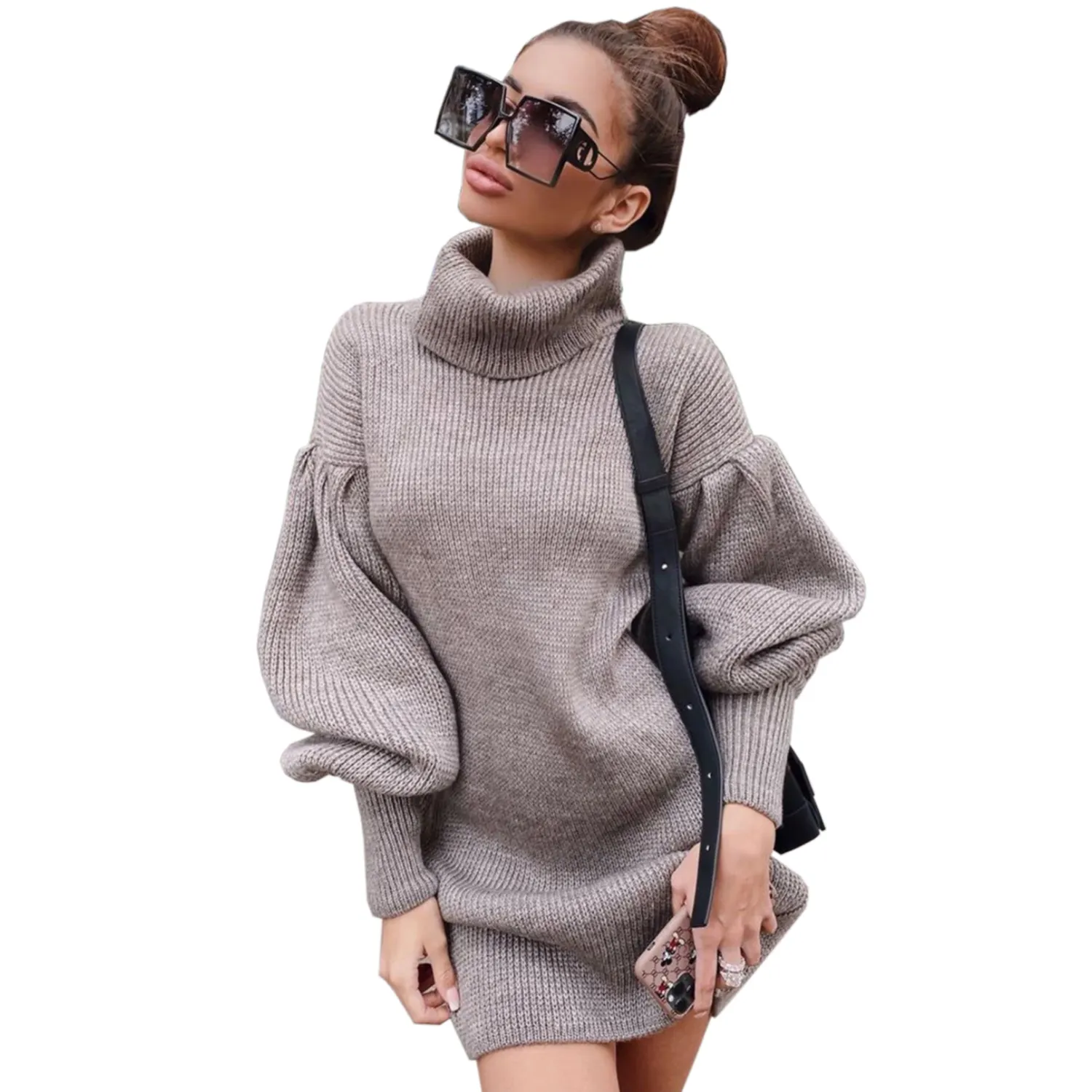 Classic Casual Turtleneck Long Lantern Sleeve Well Knitted Sweater Dress for Women