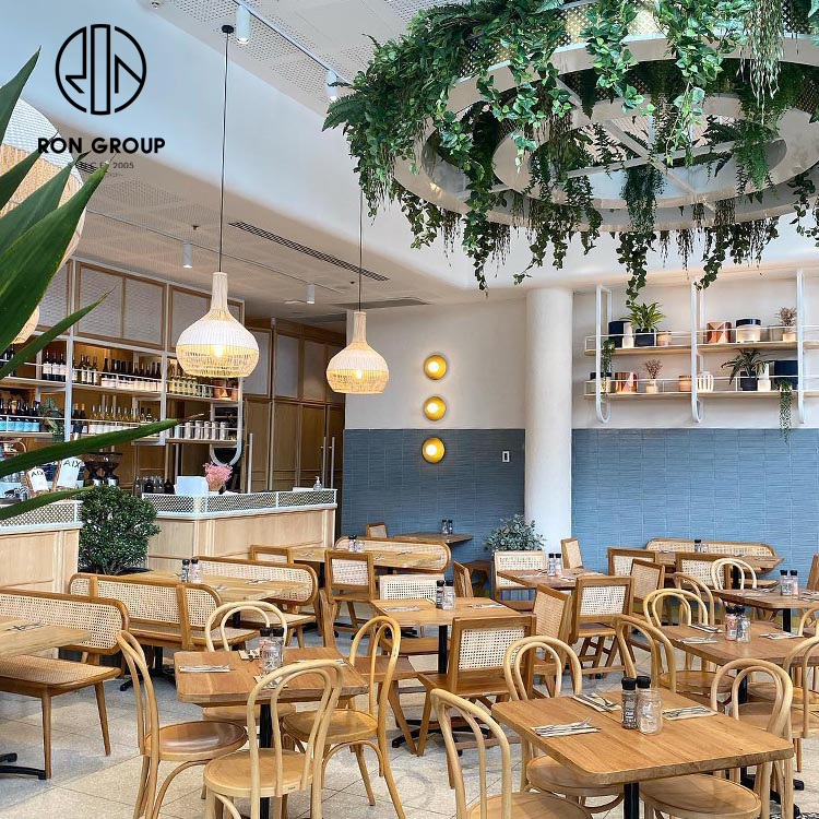 Custom Restaurant Rattan Wooden Dining Table Chair Tropical Style Restaurant Furniture For Coffee Shop Restaurant