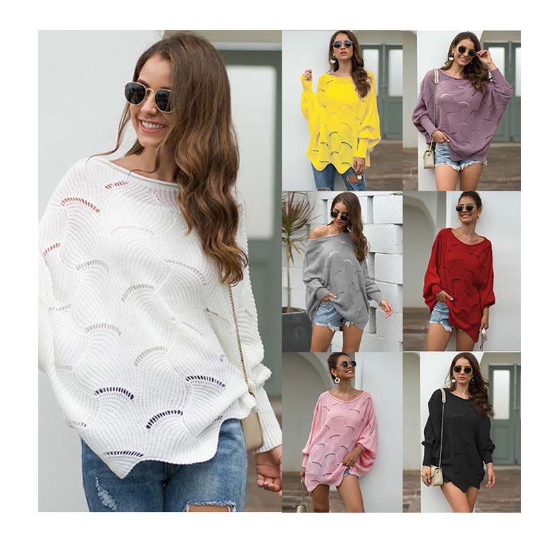 2021 Amazon Hugely Popular Custom Knit Woman Mujer Loose Pullover Crew Neck Batwing Sweater Women Tops With Hollow Out