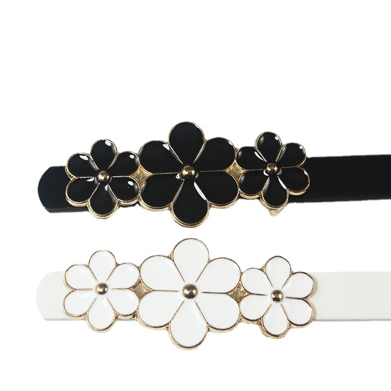 Women's Flower Board Buckle Thin Belt Pu Patent Leather Women's Buckle Small Belt