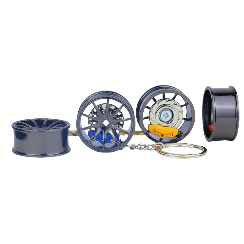 Wholesale 3D Rotatable Auto Car Light Wheel Hub Disc Brakes Keychain Metal Brake Pad Auto Car parts key chain Custom for Car Key