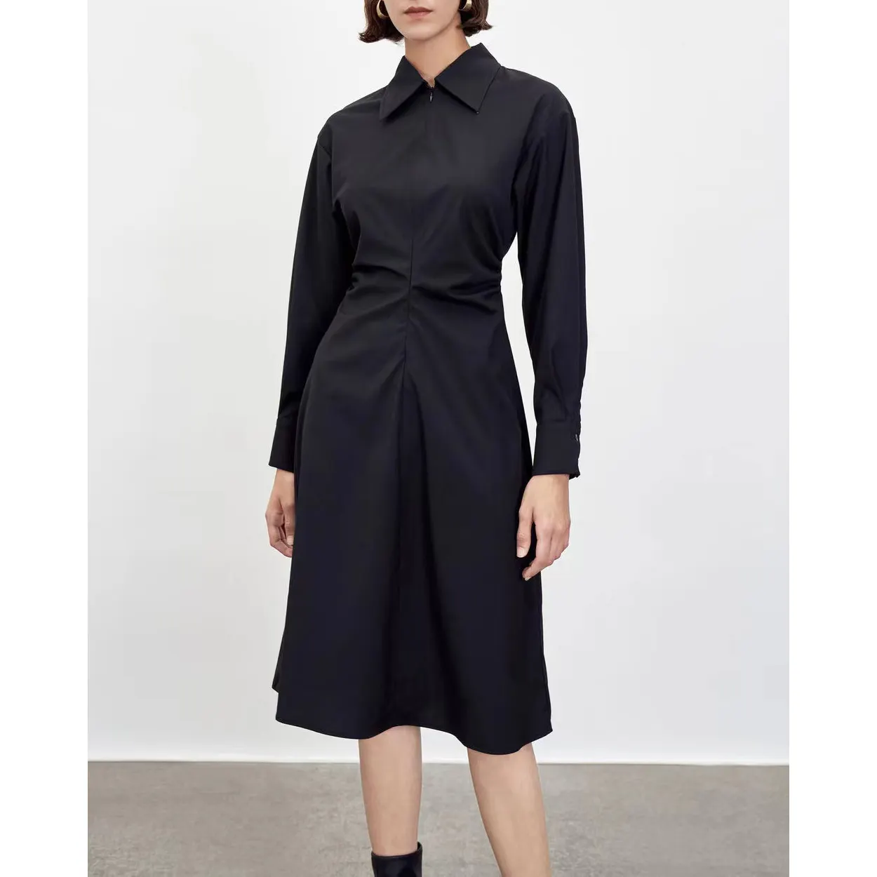 Clothing Shirt Dresses Elegant Casual Long Sleeve Women Midi Black Business Dresses