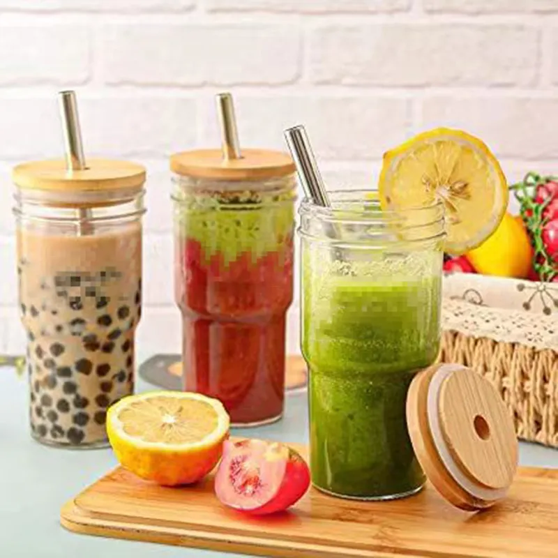 DD1099  Reusable Glass Bubble Tea Cup Smoothie Tumbler Milkshake Wide Mouth Mason Jar Drinking Glasses with Bamboo Lids Straws