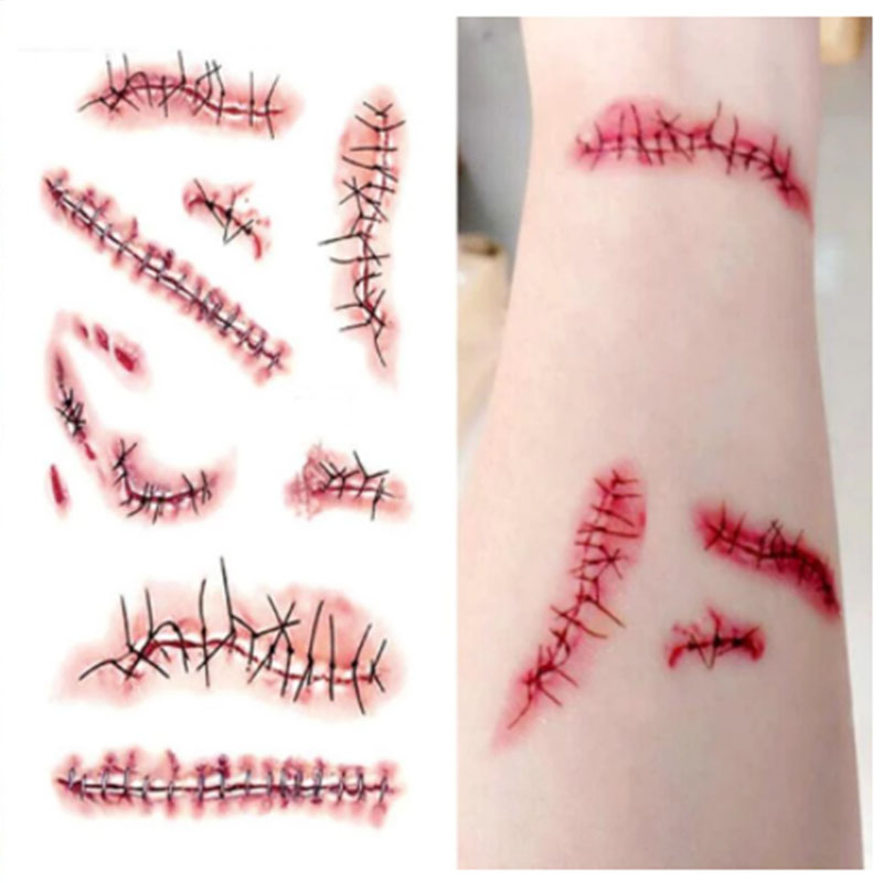 Long lasting non-toxic temporary tattoo stickers Halloween horror realistic stitch wound wound body makeup tattoo stickers