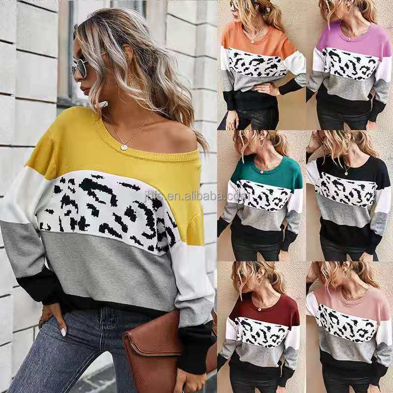 J&H 2022 New Arrivals Pullover Knitting Color Matching Sweater Round Neck Loose Women's Casual Sweaters