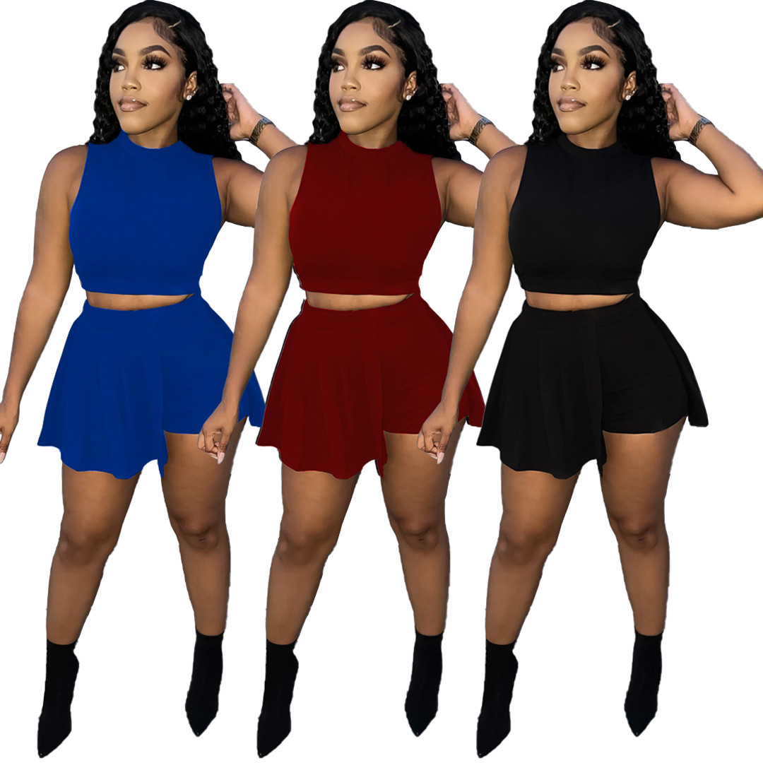 KX Popular above knee length spandex woman clothing solid color 2 piece set women crop top plaid custom 2 piece set women