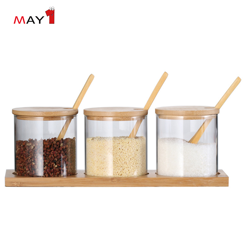 Home Kitchen Seasoning Glass Jar With Bamboo Lid Set Wholesale