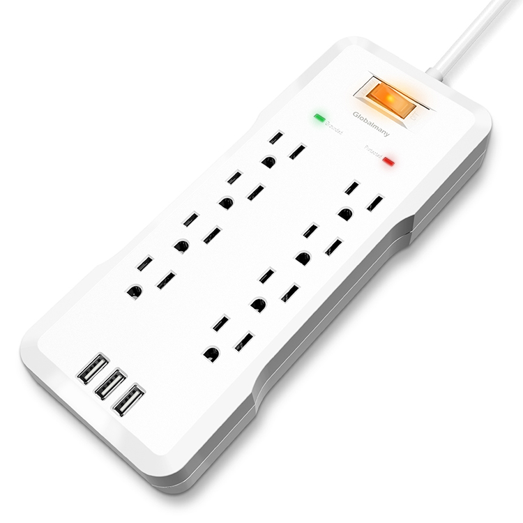 New Trend US Standard 8 AC Outlets and 3 USB Ports Surge Protector USB Extension Sockets Flat Plug Power Strip