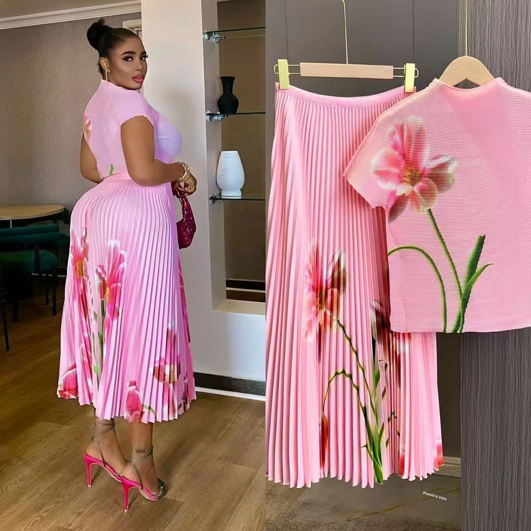 Sheen Latest Summer Stretchable African Floral Print Miyake Pleated Plus Size Women Clothing Two Piece Set Top and Skirt