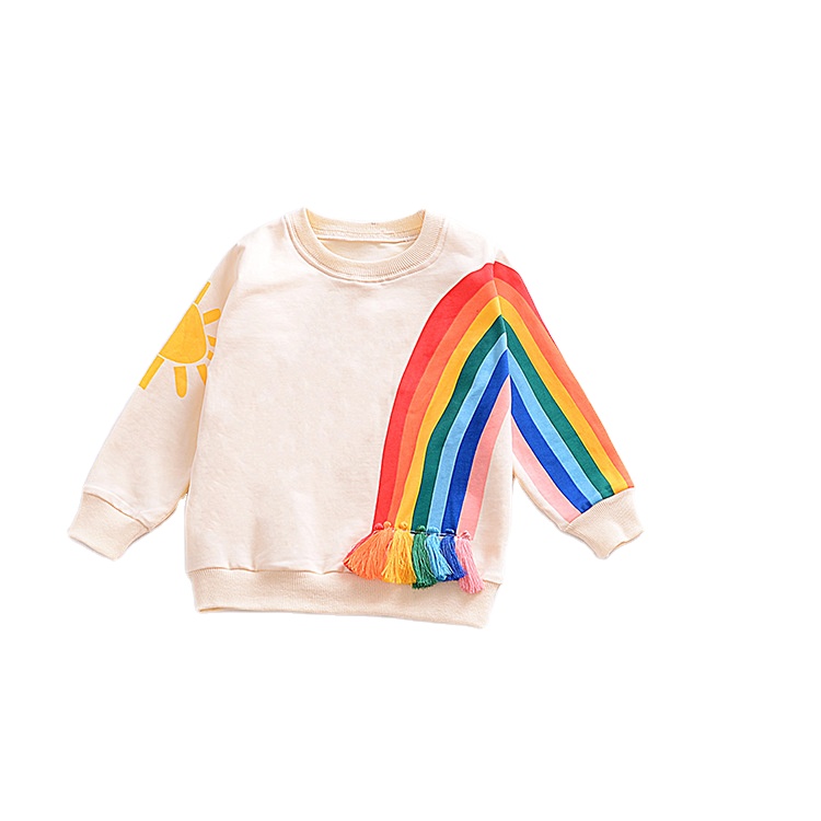 Fashionable Little Girls Spring Long Sleeve Sweaters Tassel Rainbow Prints Kids Pullover Sweaters