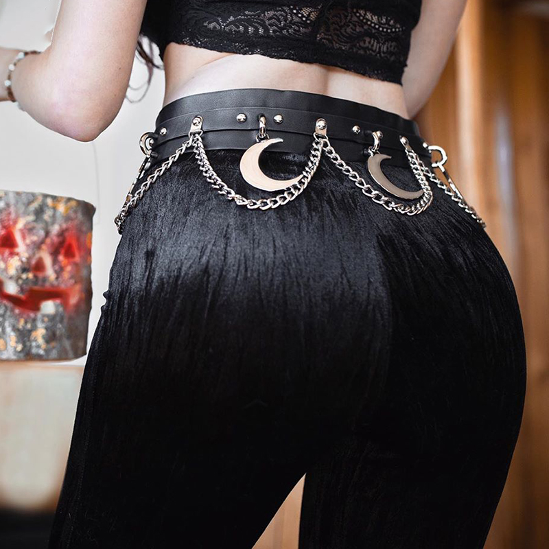 Punk Hip Hop Metal Belt PU Leather Gothic Chain Moon Goth Belt Dance Individual Women Belt