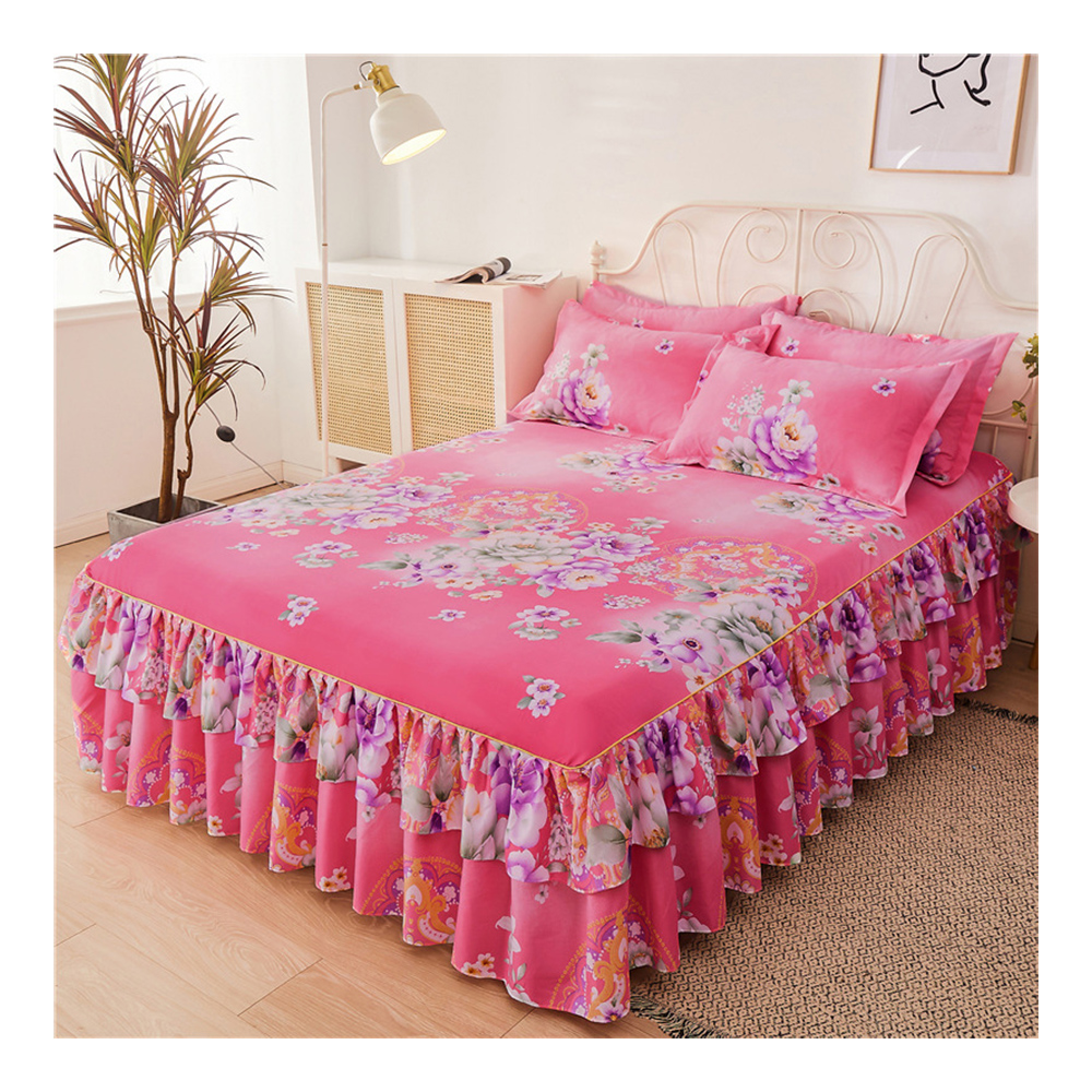 Cheap home 100% polyester bedspread bedding set sheet   pillowcase Bed Skirt set
