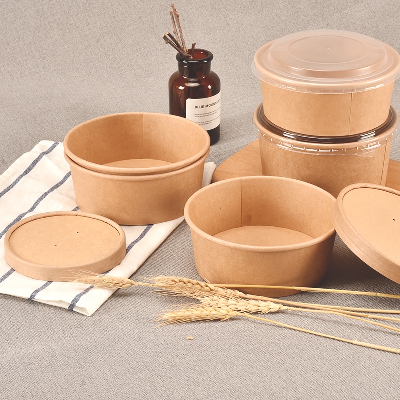 PET PP Kraft Lids Optional Logo Printing Food Packaging Water Grease Proof PE Film Salad Paper Bowl