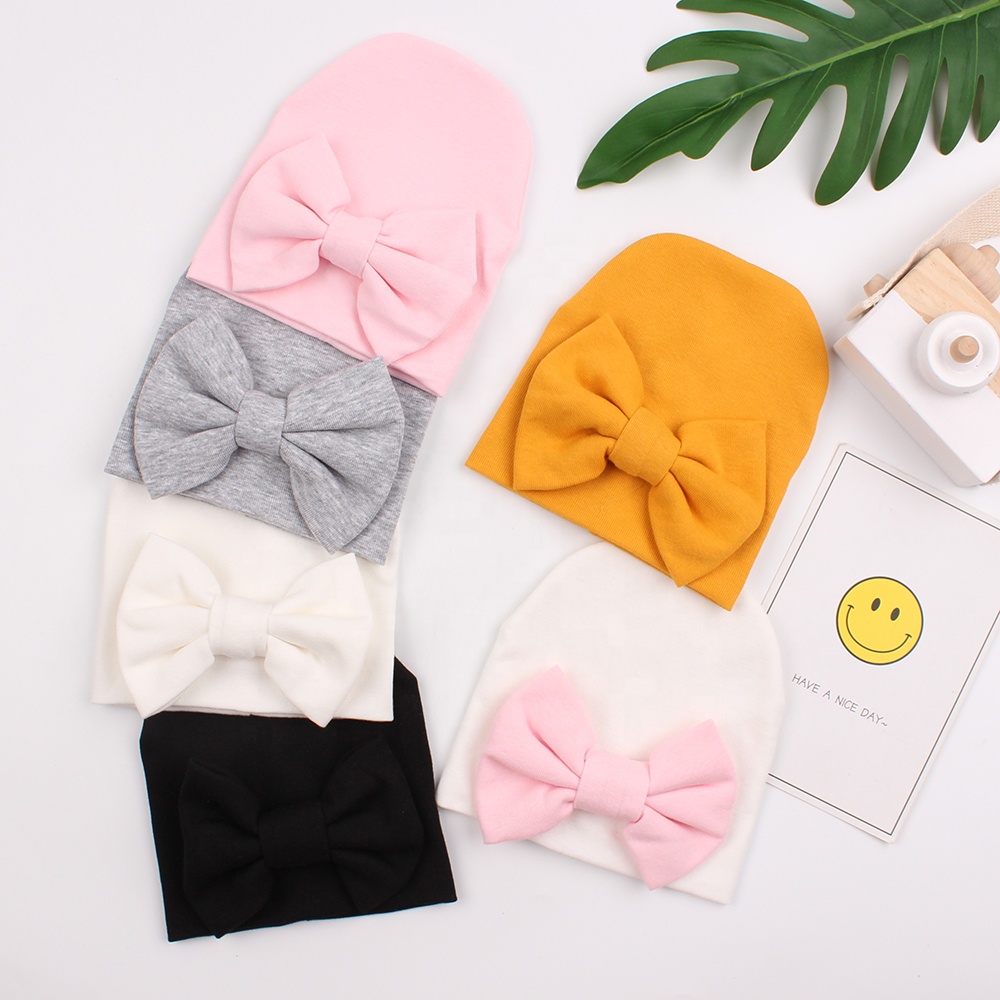 New born Baby White Bow Beanie Customized Colorful 100% Cotton Toddler Girls Hat Winter Warm Infant Hat Newborn Autumn