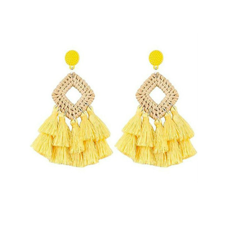 2021 Trendy Tassel Woven Bohemian Handmade Straw Wicker Braid Hoop Drop Dangle Earrings Geometric Lightweight Rattan Earrings
