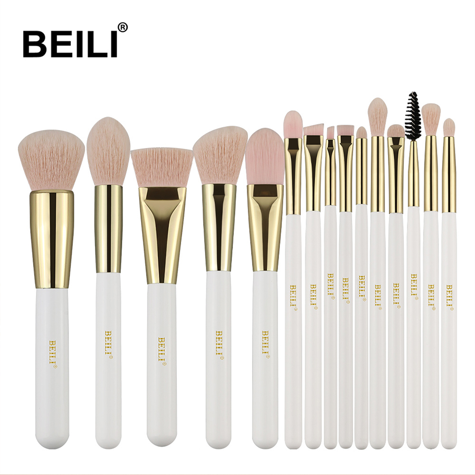 BEILLI professional white pink 15pcs best refillable full makeup brushes gift set ever beauty cosmetics make up tool travel size